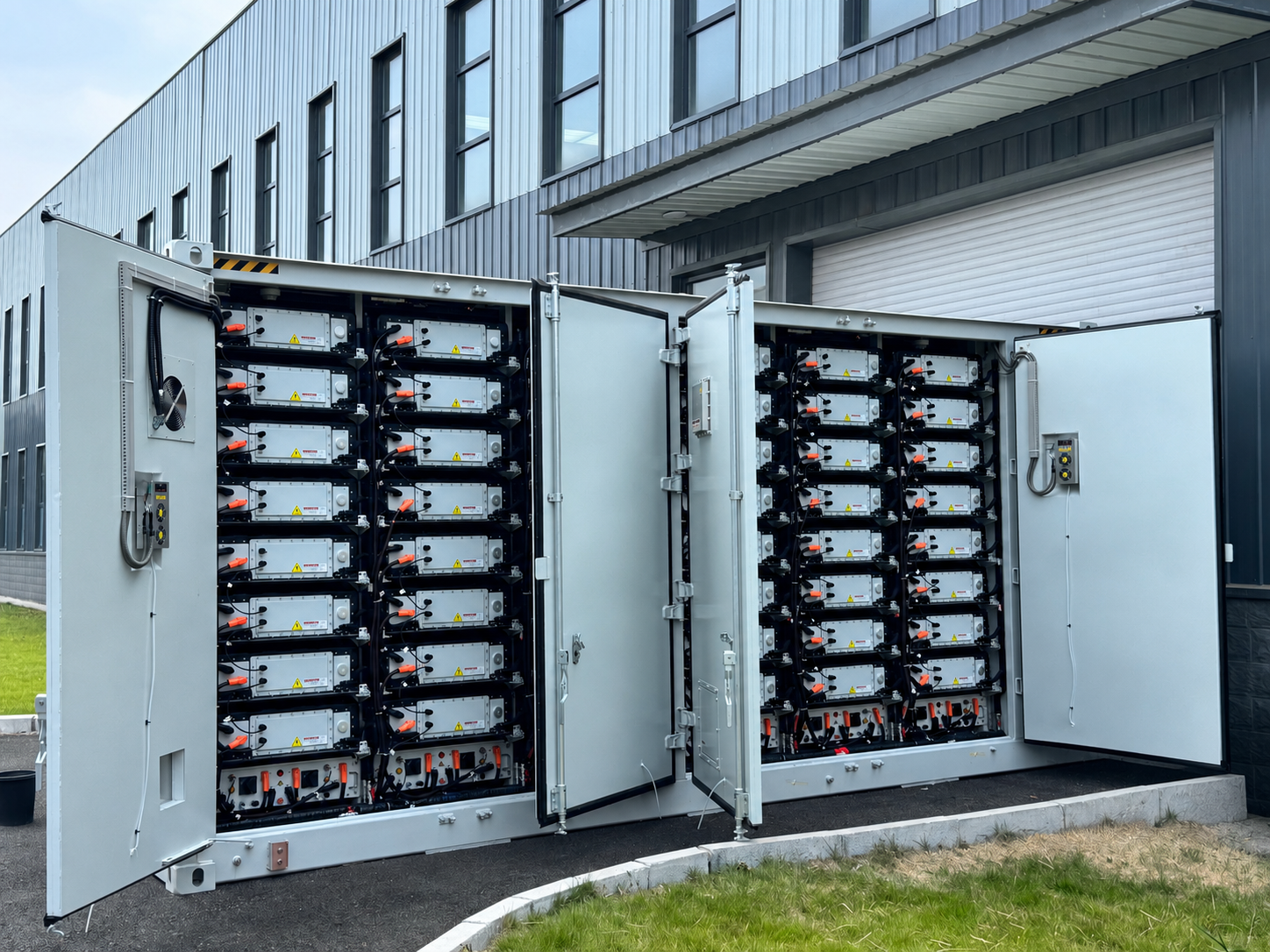 20-ft ISO container ESS with open battery cabinets